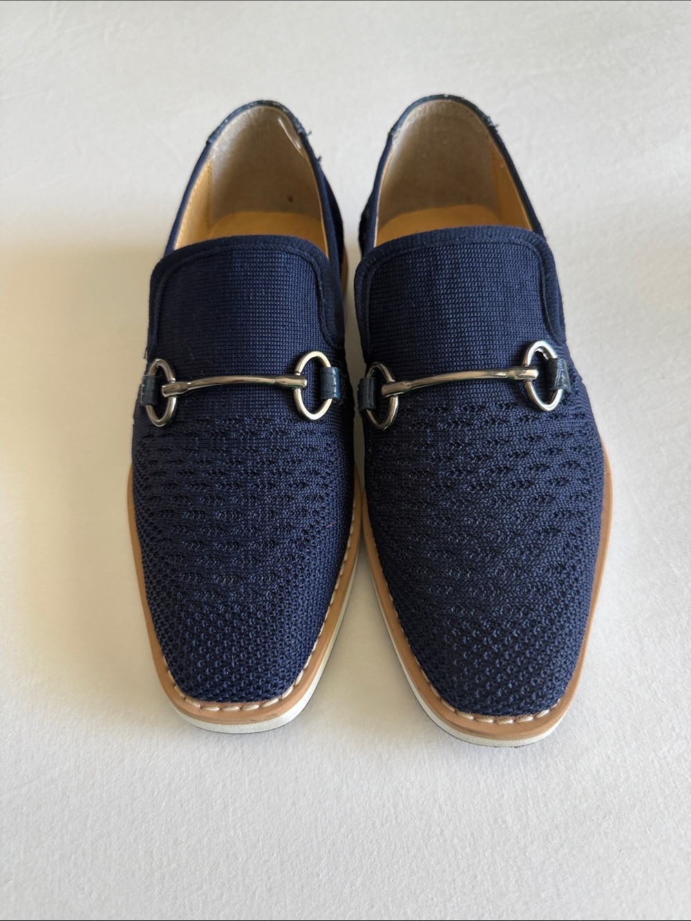 Little Boys Navy Knit Slip-On Loafers with Metal Bit